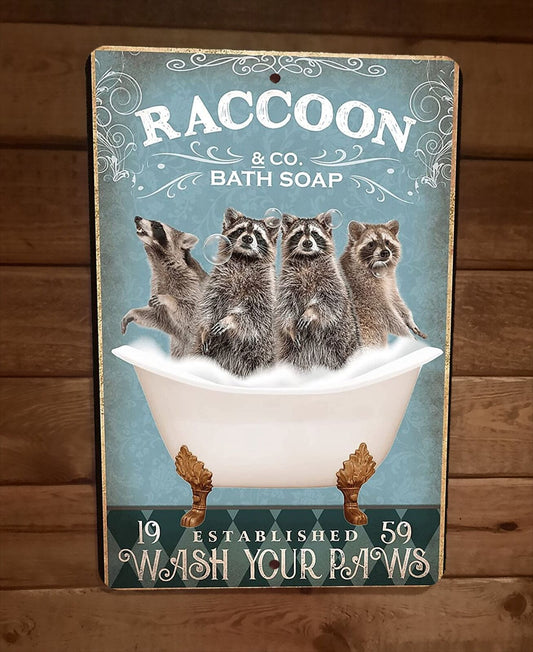 Raccoon Bath Soap 8x12 Metal Wall Sign Animal Poster