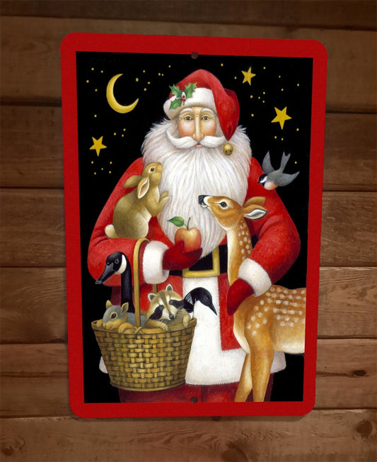 Merry Christmas Santa Clause with Animals Xmas 8x12 Metal Wall Sign Poster