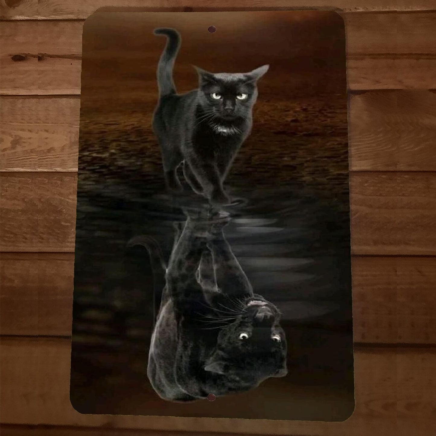 Black Cat Panther Water Reflection Animal 8x12 Metal Wall Sign