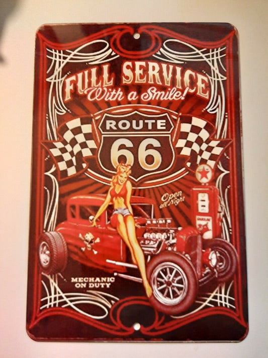 Full Service with a Smile Route 66 Hot Rod 8x12 Aluminum Metal Wall Garage Sign Garage Poster