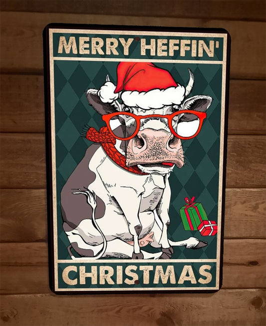 Merry Heffin Christmas Cow 8x12 Metal Wall Sign Animal Poster