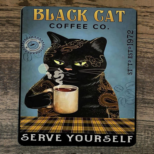 Mouse Pad Black Cat Coffee Serve Yourself