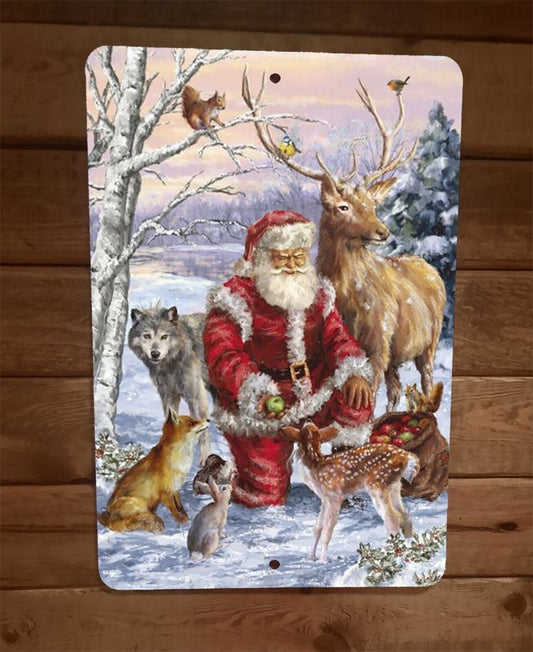 Merry Xmas Christmas Santa with Animals 8x12 Metal Wall Sign Poster