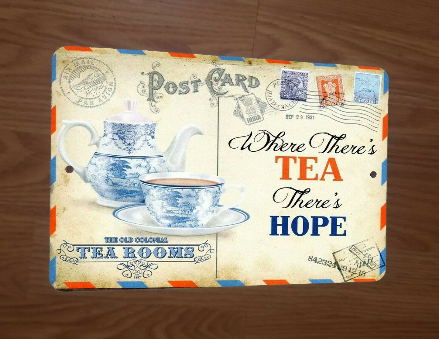 Vintage Post Card Tea Room Wheres Theres Tea Theres Hope 8x12 Metal Wall Sign