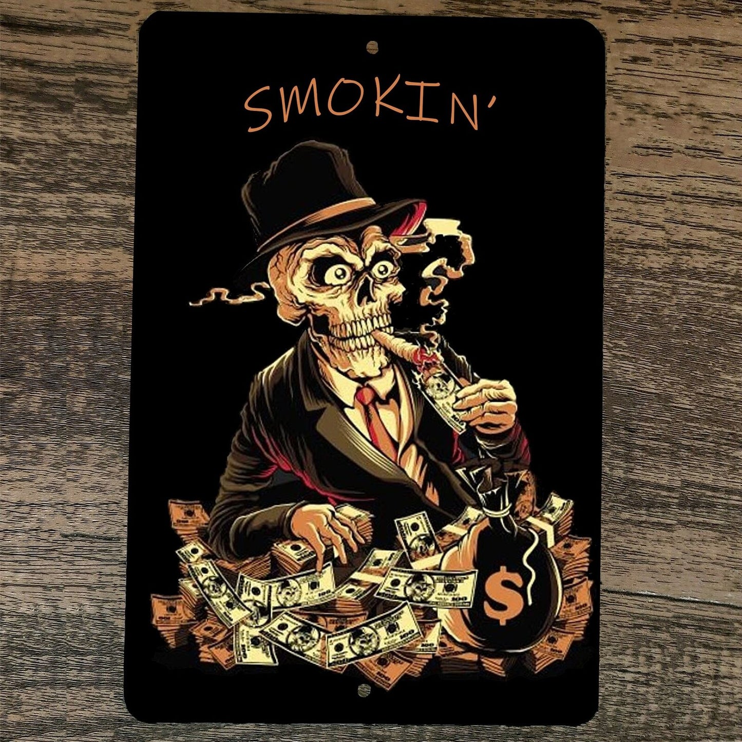 Smoking Money Gambling Bank Robber Skull 8x12 Metal Wall Sign Poster