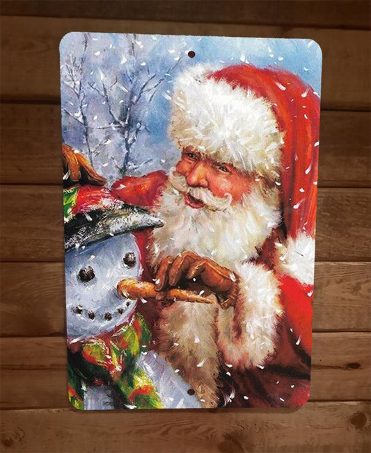 Merry Xmas Christmas Santa and Snowman 8x12 Metal Wall Sign Poster