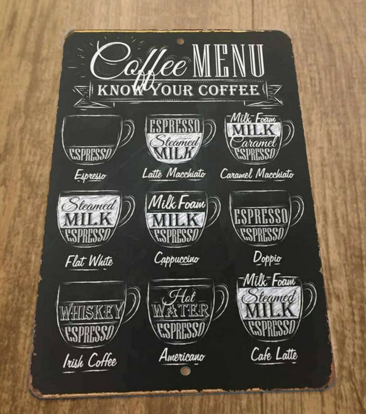 Coffee Menu Know Your Coffee 8x12 Metal Wall Sign