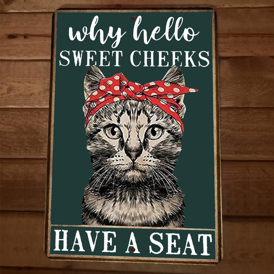 Hello Sweet Cheeks Have a Seat Cat 8x12 Metal Wall Sign Animal Poster