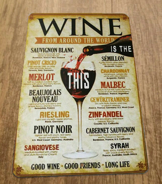 Wine From Around The World Good Wine Good Friends Long Life 8x12 Metal Wall Bar Sign