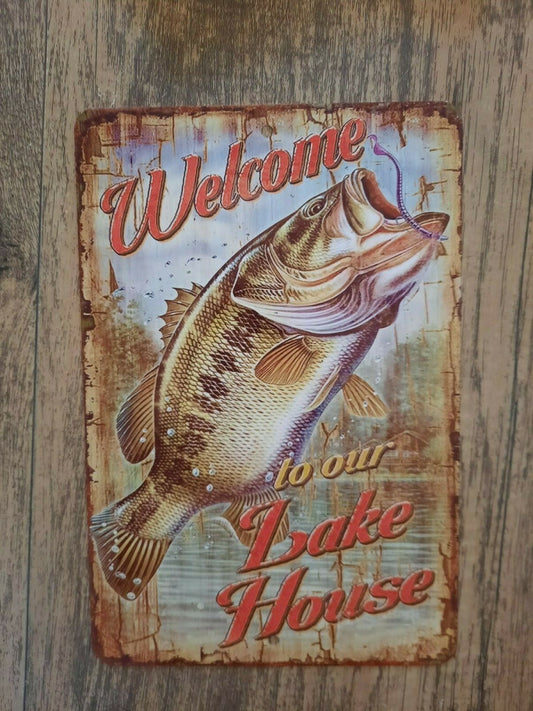 Welcome to Our Lake House Fishing Camping 8x12 Metal Wall Sign Great Outdoors