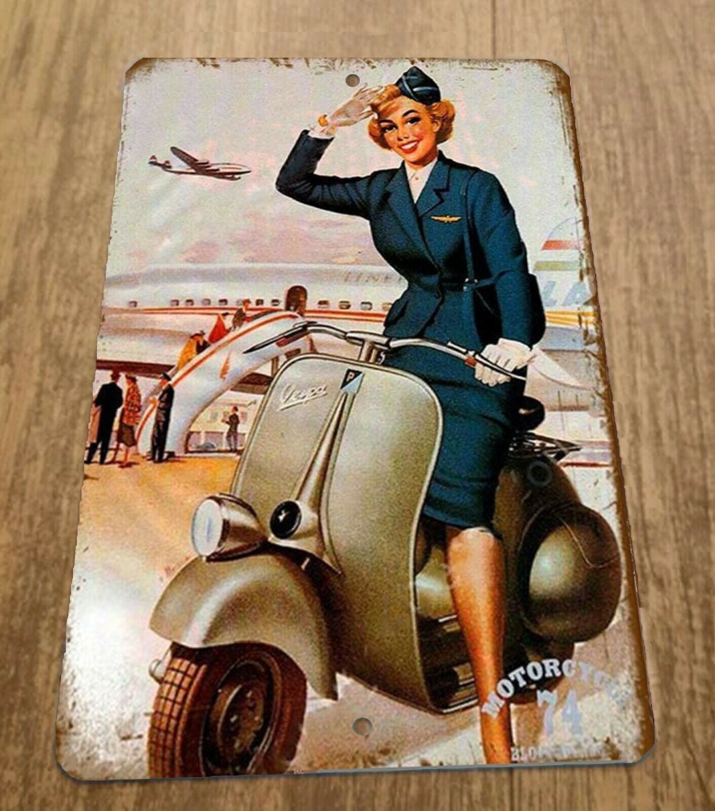 Vintage Look 74 Motorcycle Stewardess on Scooter Airlines 8x12 Metal Wall Sign