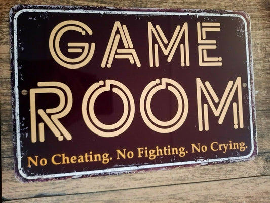 GAME ROOM No Cheating Fighting or Crying 8x12 Metal Wall Sign Arcade Video Game