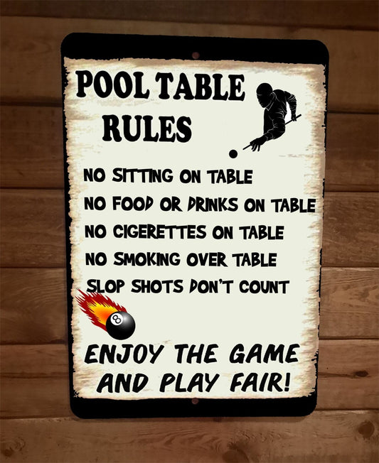 Pool Table Rules Billiards Sports 8x12 Metal Wall Sign
