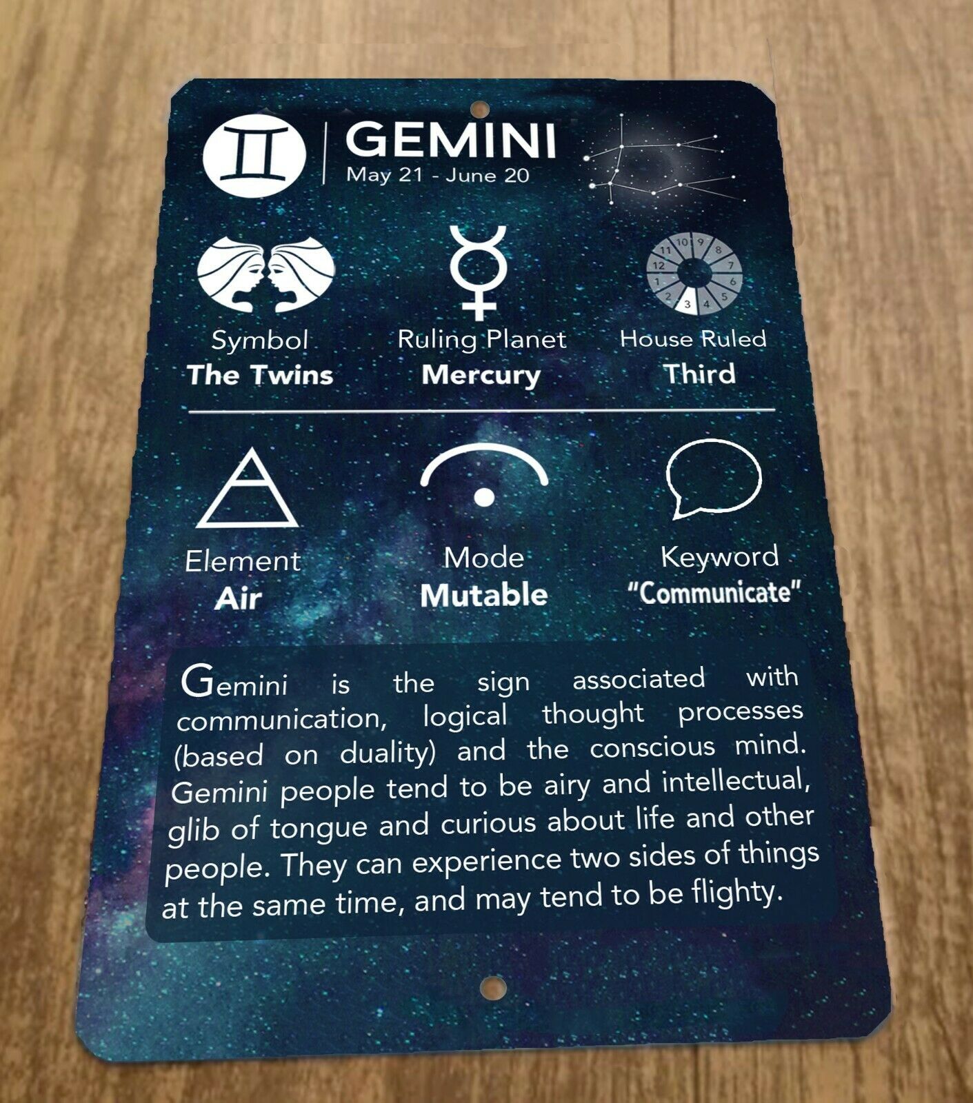Gemini May 21 - June 20 Zodiac Astrology 8x12 Metal Wall Sign Spiritual