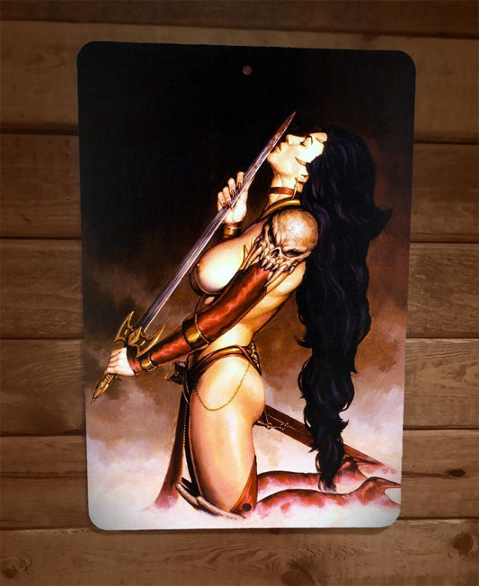 Fantasy Barbarian Viking Girl Licking Sword  8x12 Metal Wall Sign Poster