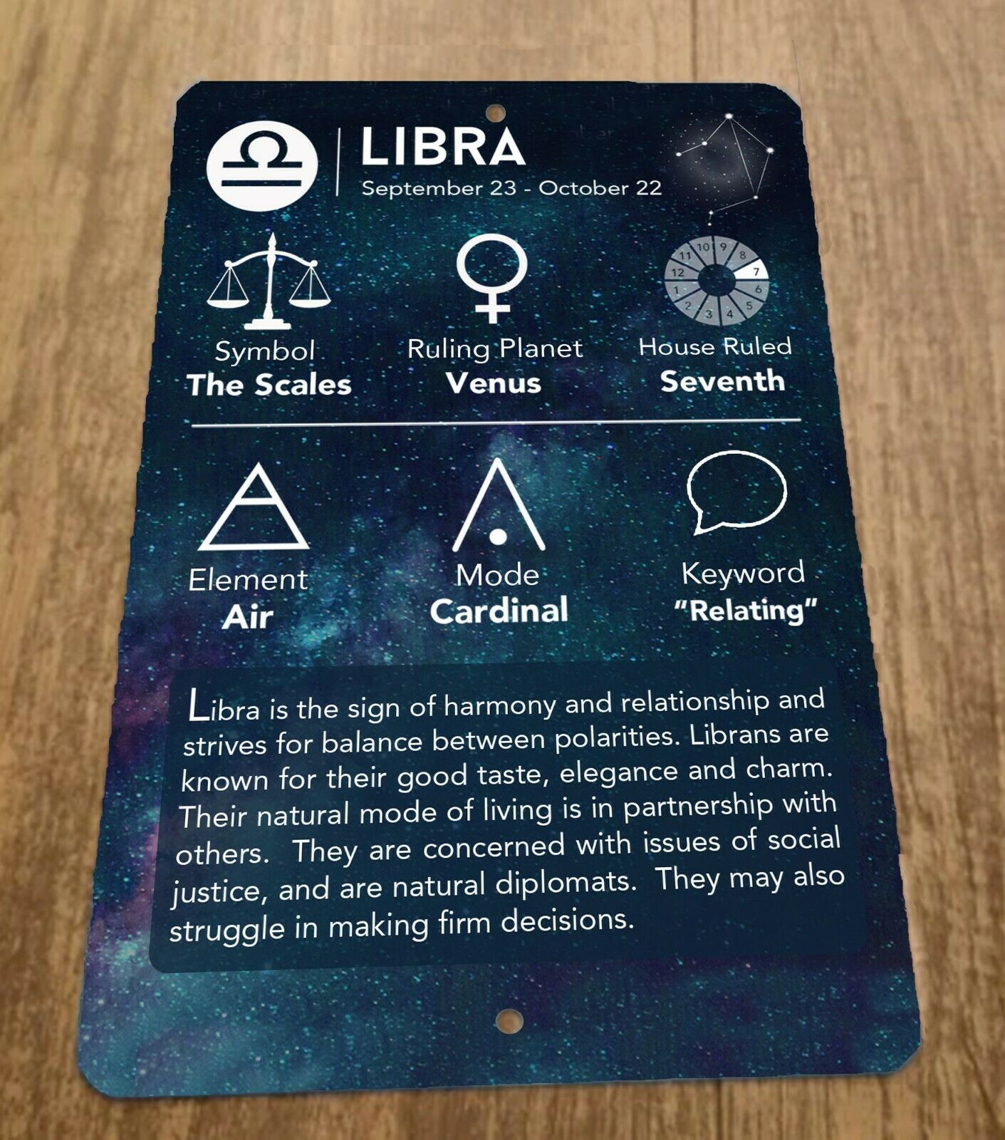 Libra September 23 - October 22 Zodiac Astrology 8x12 Metal Wall Sign Spiritual