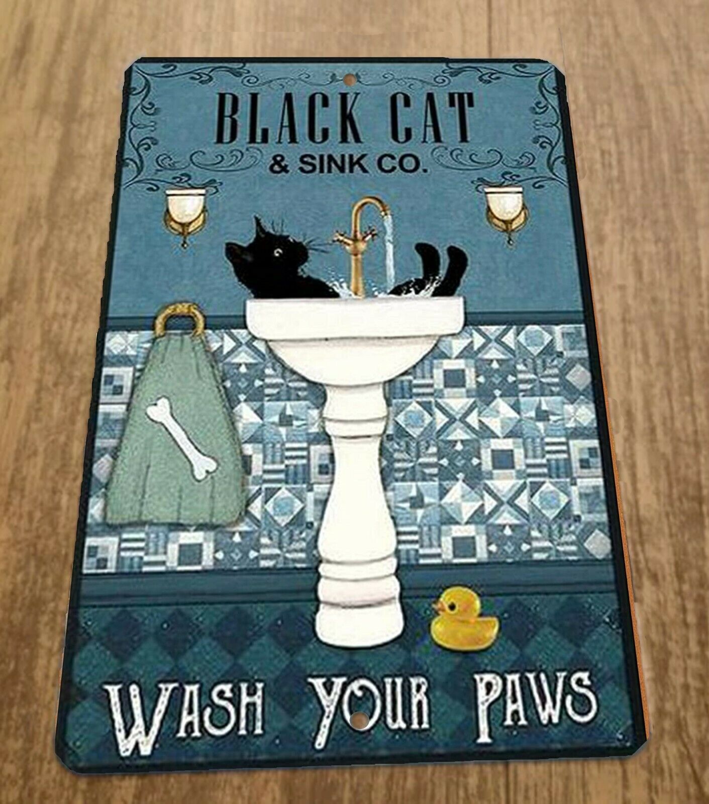 Black Cat and Sink Co Wash Your Paws 8x12 Metal Wall Sign Animals