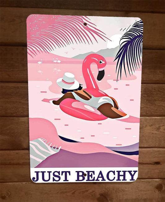 Just Beachy Pink Flamingo Girl Ocean 8x12 Metal Wall Sign Poster