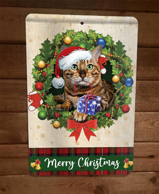 Merry Christmas Bengal Cat Xmas 8x12 Metal Wall Sign Animal Poster