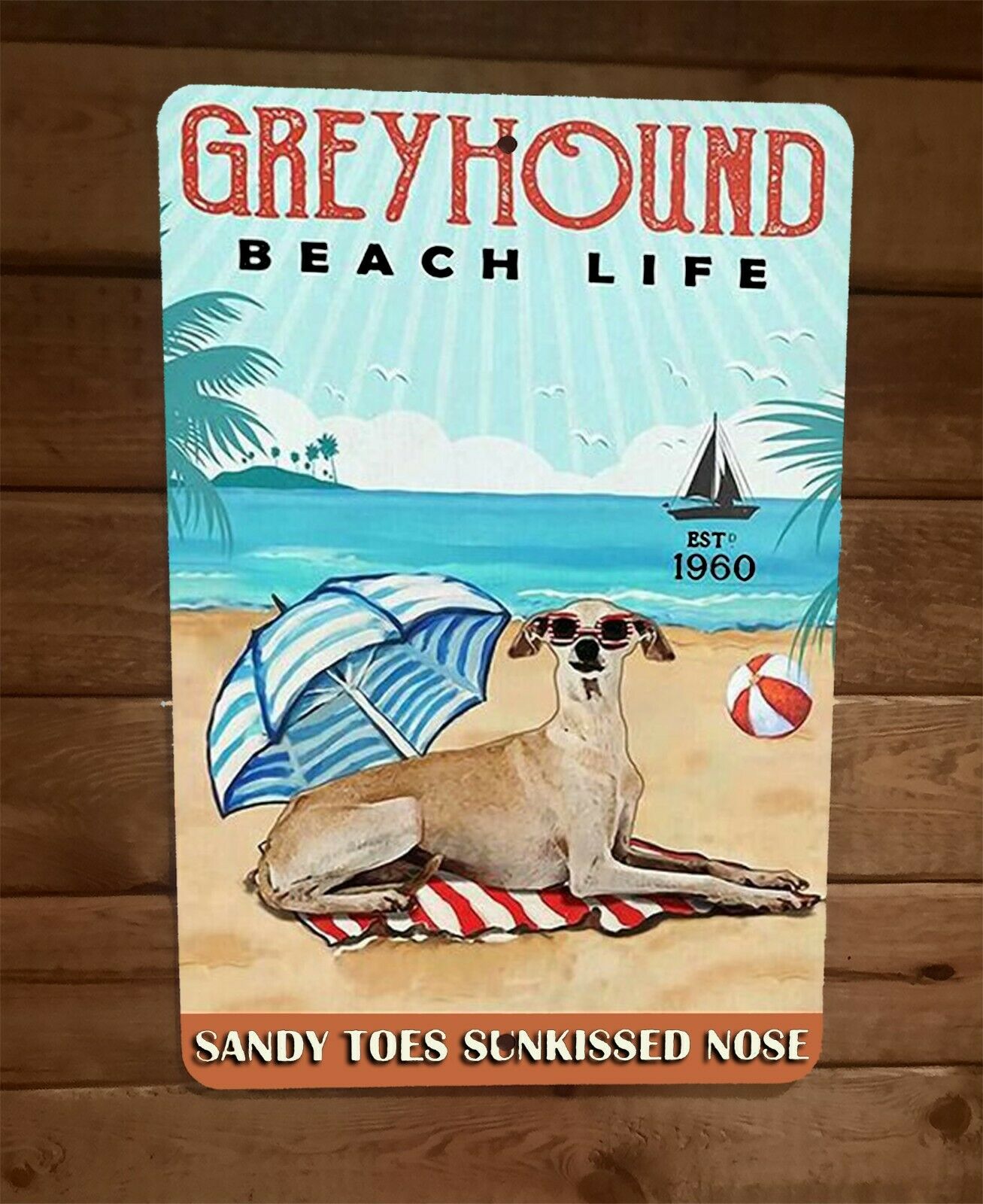 Greyhound Beach Life Sandy Toes Sunkissed Nose 8x12 Metal Wall Animal Dog Sign