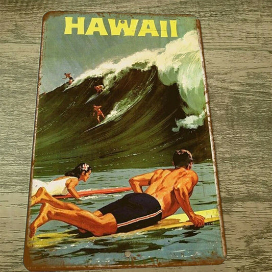 Vintage Look Hawaii Surfing 8x12 Metal Wall Sign