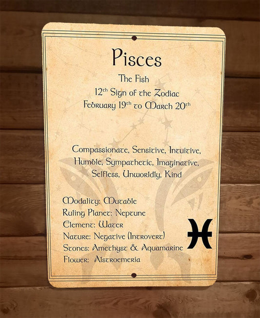 Pisces 12th Sign of the Zodiac Spiritual Astrology 8x12 Metal Wall Sign Poster