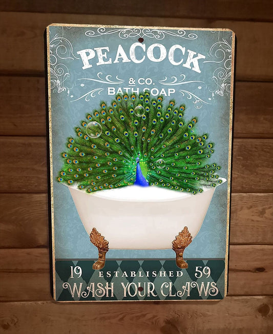 Peacock Bath Soap 8x12 Metal Wall Sign Animal Poster