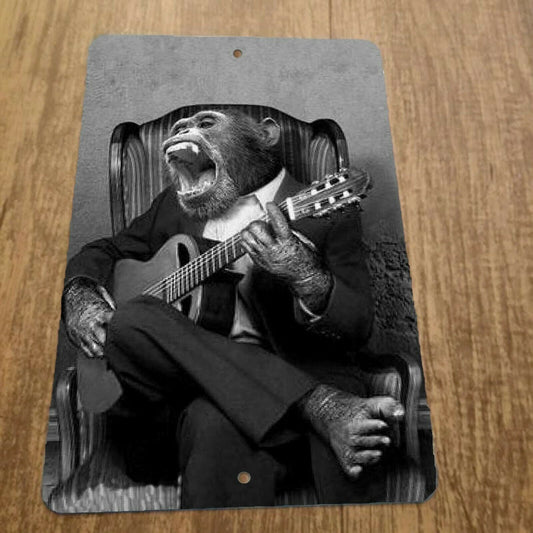 Monkey in Suit Playing a Guitar Chimpanzee 8x12 Metal Wall Sign Funny Misc Poster
