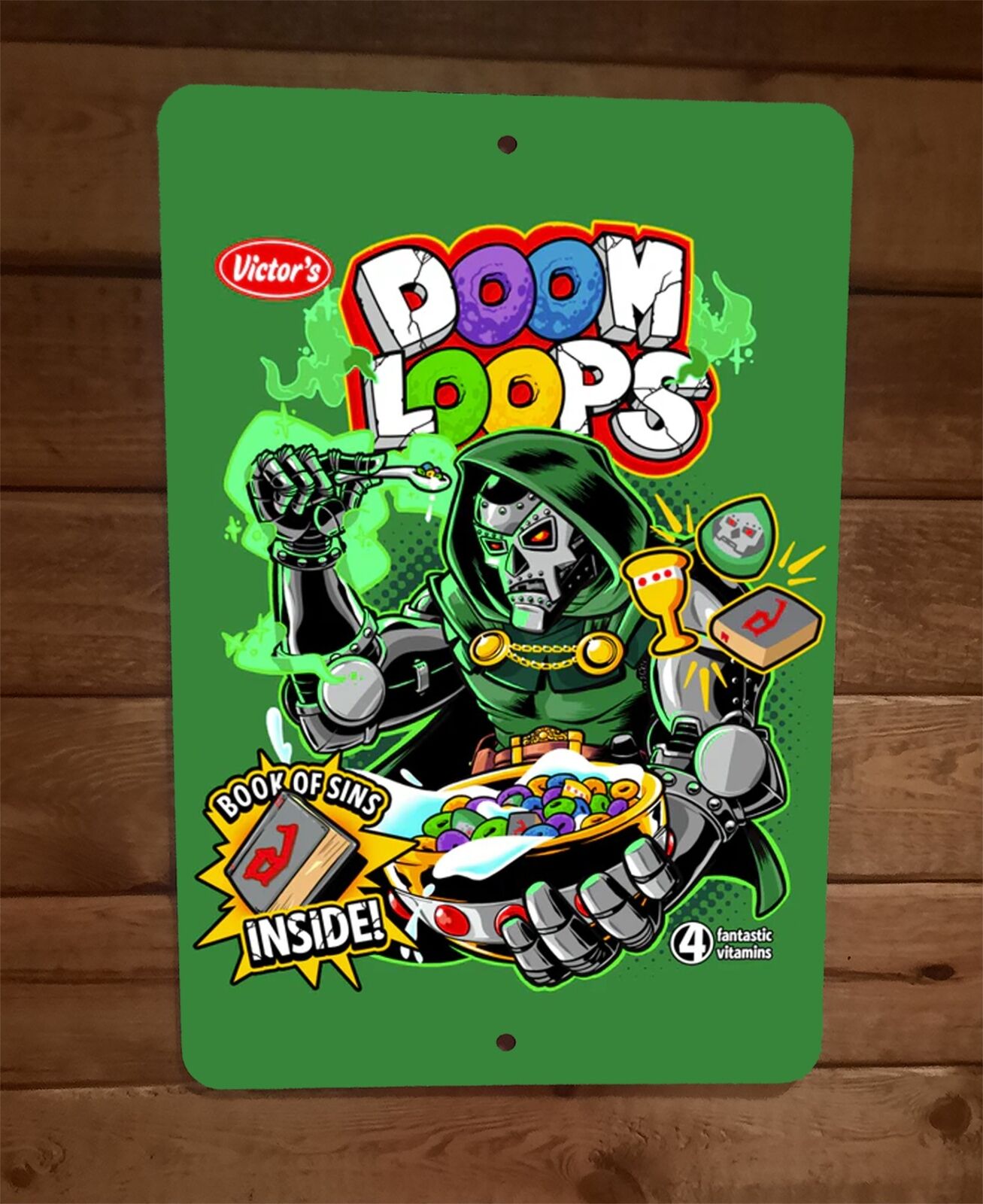 Dr Doom Loops Cereal Marvel Comics Villain Parody 8x12 Metal Wall Sign