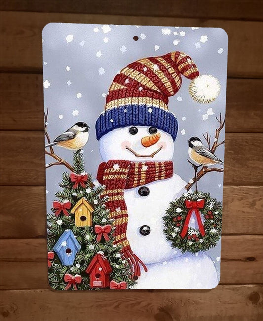 Merry Xmas Christmas Snowman with Birds 8x12 Metal Wall Sign Poster #1