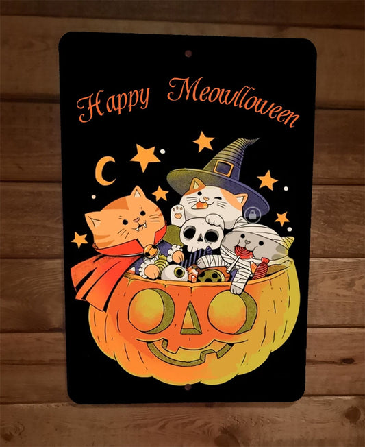 Happy Meowllween Halloween Pumpkin Cats 8x12 Metal Wall Sign