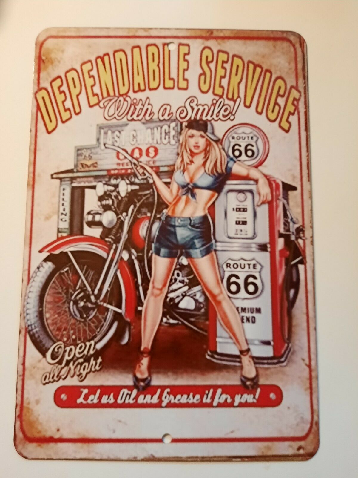 Route 66 Dependable Service with a Smile 8x12 Metal Wall Garage Man Cave Motorcycle Sign Garage Poster