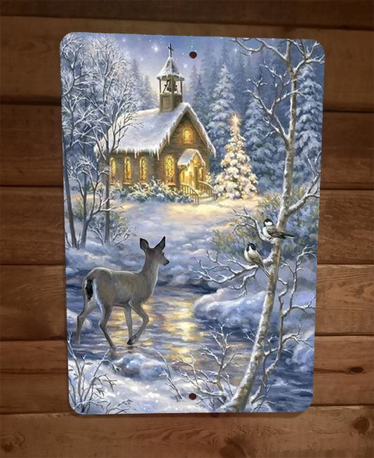 Merry Xmas Christmas Deer Snow Church 8x12 Metal Wall Sign Poster