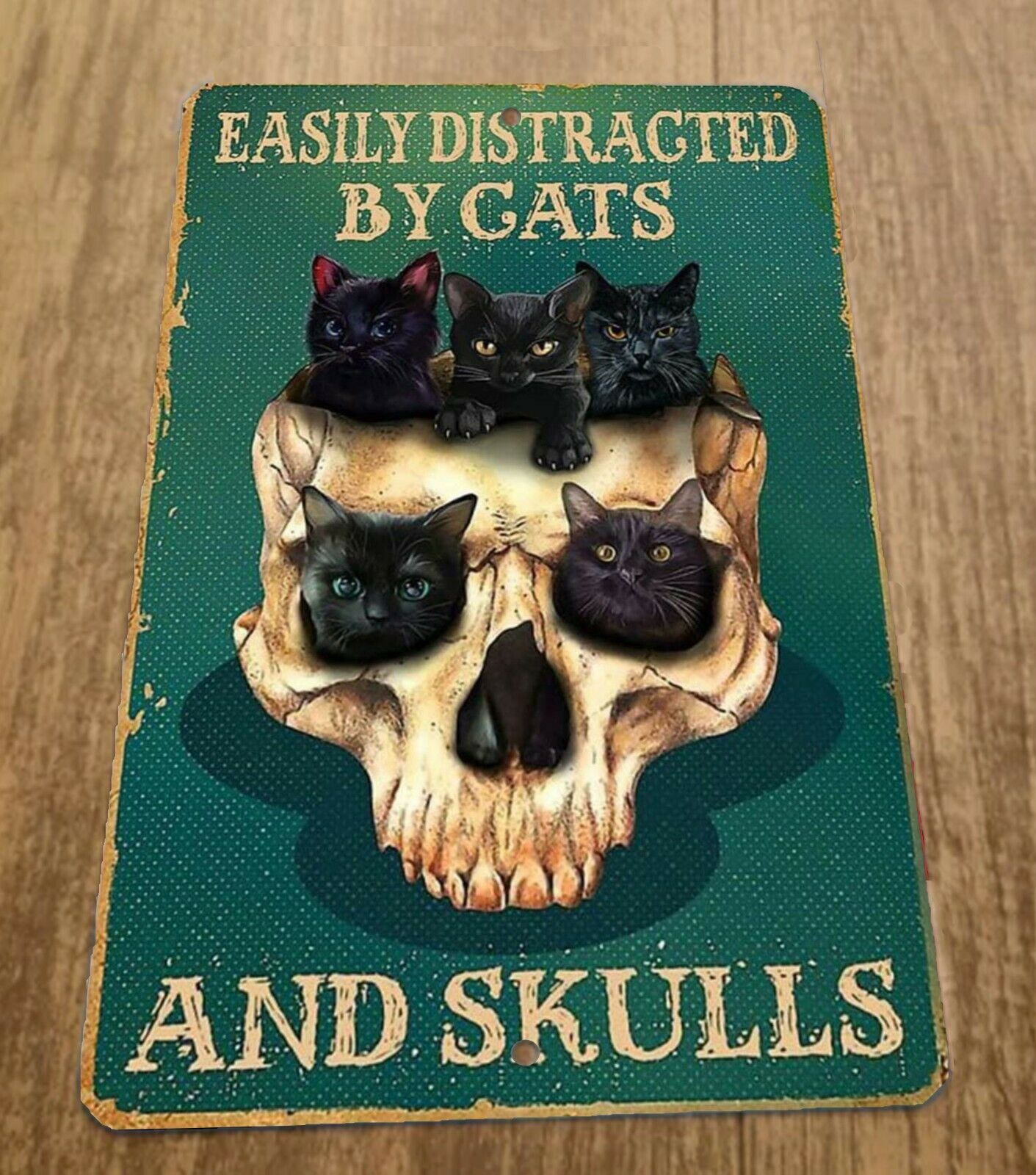 Easily Distracted by Cats and Skulls 8x12 Metal Wall Sign Misc Poster Animals