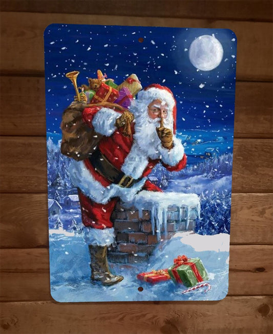Merry Xmas Christmas Santa Going Down Chimney 8x12 Metal Wall Sign Poster