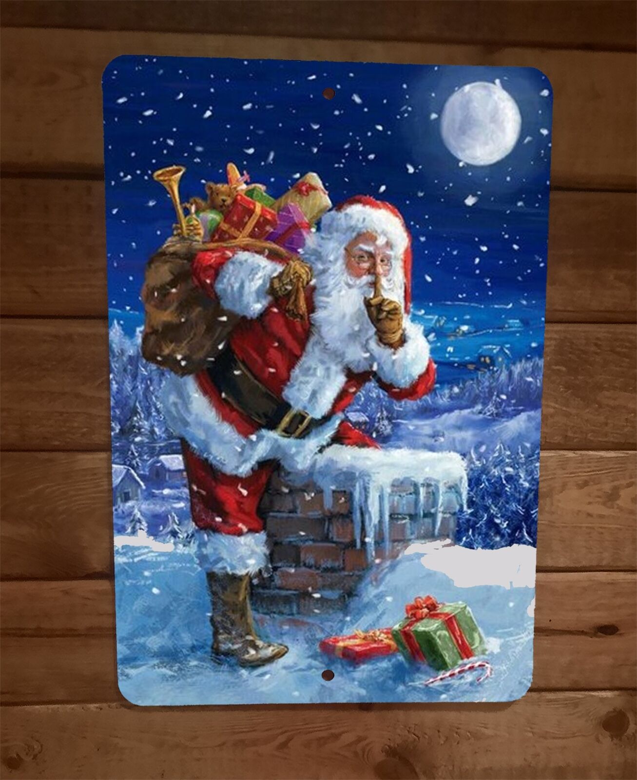 Merry Xmas Christmas Santa Going Down Chimney 8x12 Metal Wall Sign Poster
