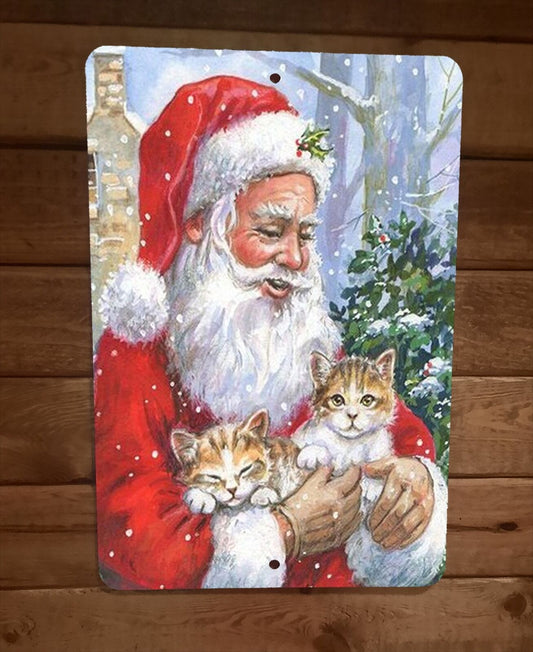 Merry Xmas Christmas Santa and Kittens 8x12 Metal Wall Sign Poster