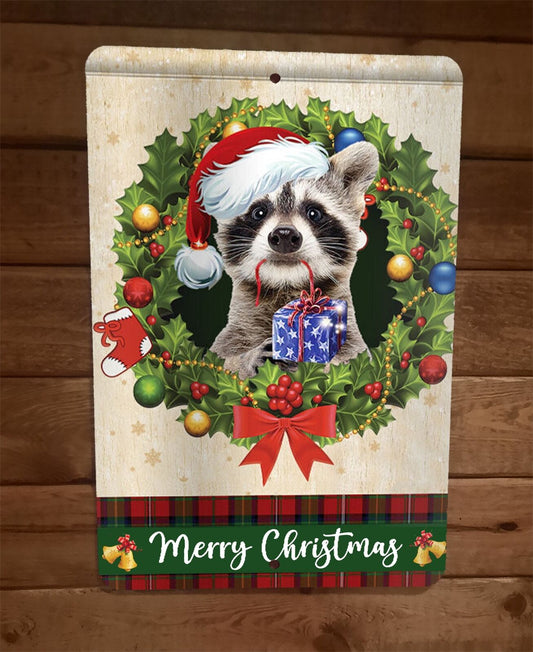 Merry Christmas Raccoon Xmas 8x12 Metal Wall Sign Animal Poster