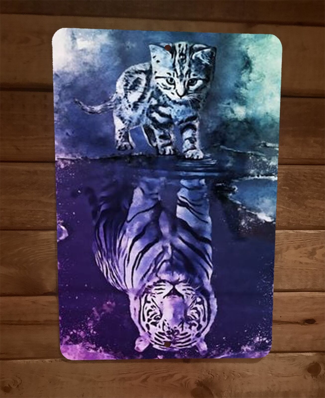 Kitten Cat White Tiger Reflection in Water 8x12 Metal Wall Animal Sign
