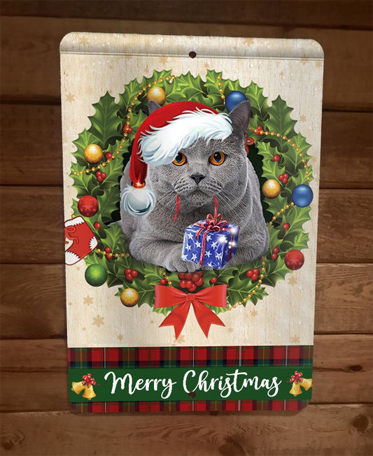 Merry Christmas Russian Blue Cat Xmas 8x12 Metal Wall Sign Animal Poster