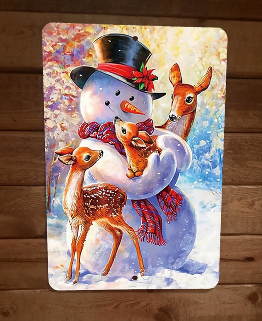 Merry Xmas Christmas Snowman and Deer 8x12 Metal Wall Sign Poster