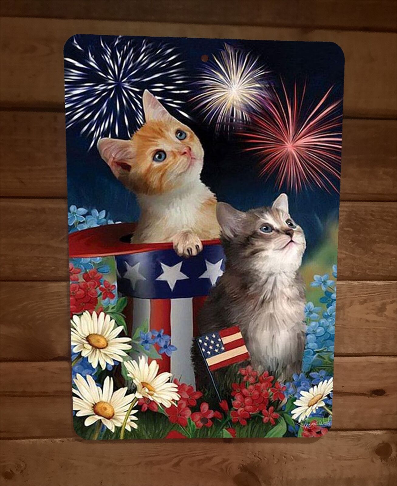 Happy 4th of July Independence Day Kittens Fireworks 8x12 Metal Wall Sign