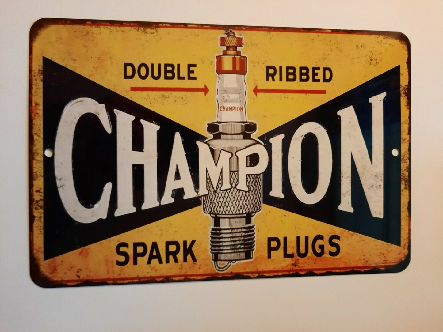 CHAMPION Double Ribbed Spark Plugs Vintage Ad 8x12 Metal Wall Sign Garage Poster