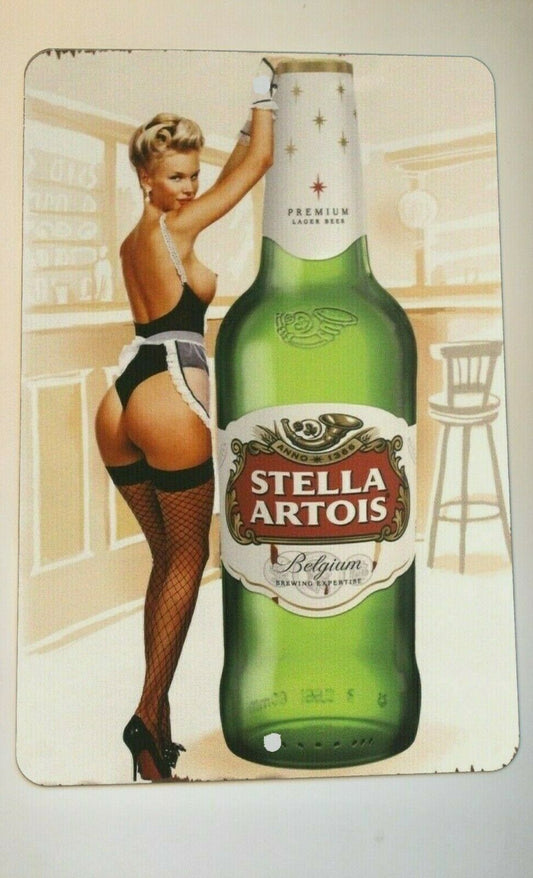 Vintage Stella Artois Pinup Girl Beer ad 8x12 Metal Wall Bar Sign