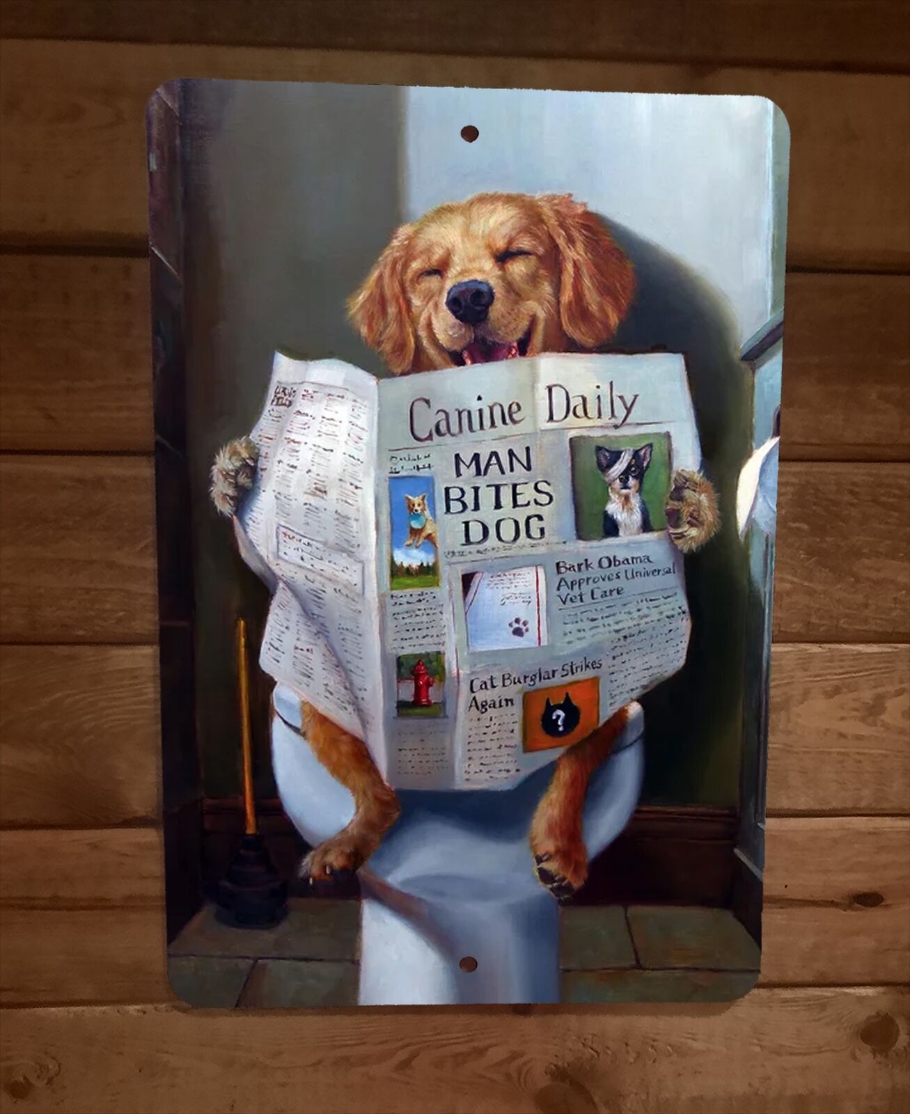 K9 Canine Daily Golden Dog on Toilet 8x12 Metal Wall Sign Bathroom Animal Poster