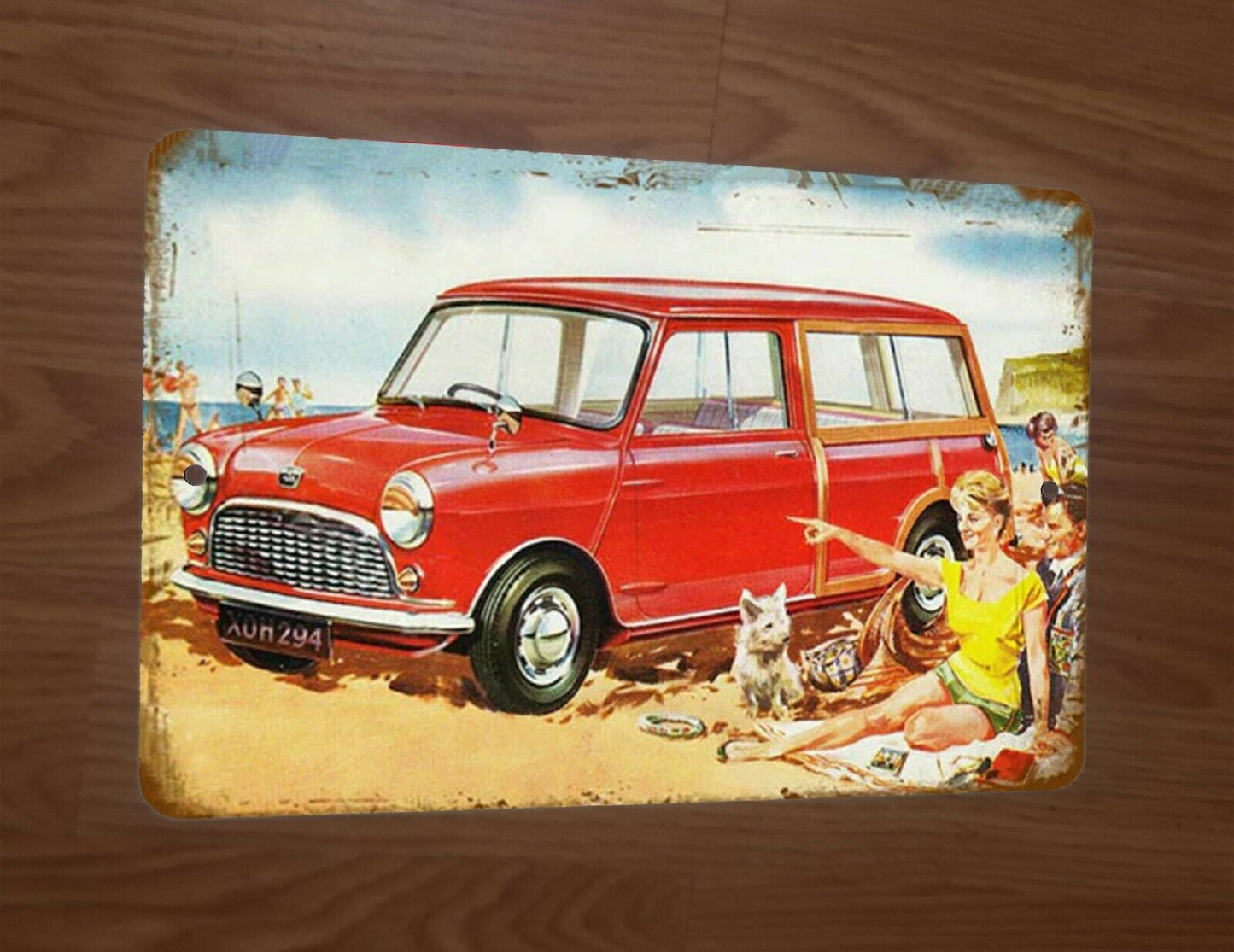 Vintage Look Station Wagon on Beach 8x12 Metal Wall Sign