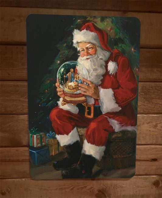 Merry Xmas Christmas Santa with Globe 8x12 Metal Wall Sign Poster