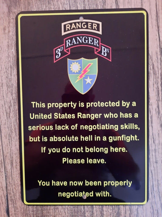 Property protected by a Ranger 8x12 Metal Wall Military Warning Sign Army Armed Forces