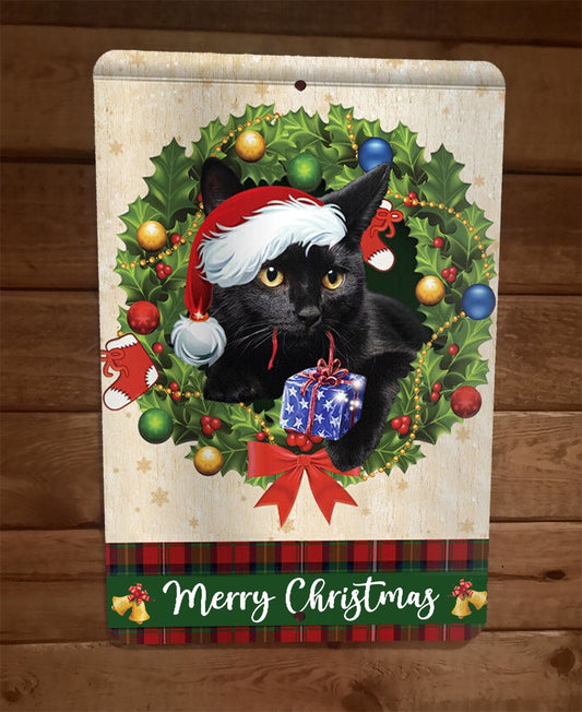 Merry Christmas Black Cat Xmas 8x12 Metal Wall Sign Animal Poster
