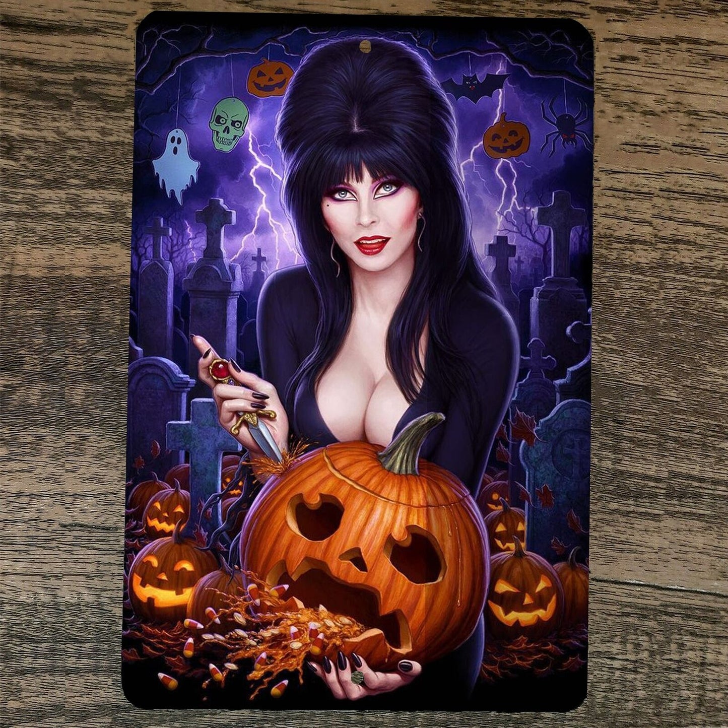 Pumpkin Carving Elvira Mistress of the Dark 8x12 Metal Wall Sign Poster